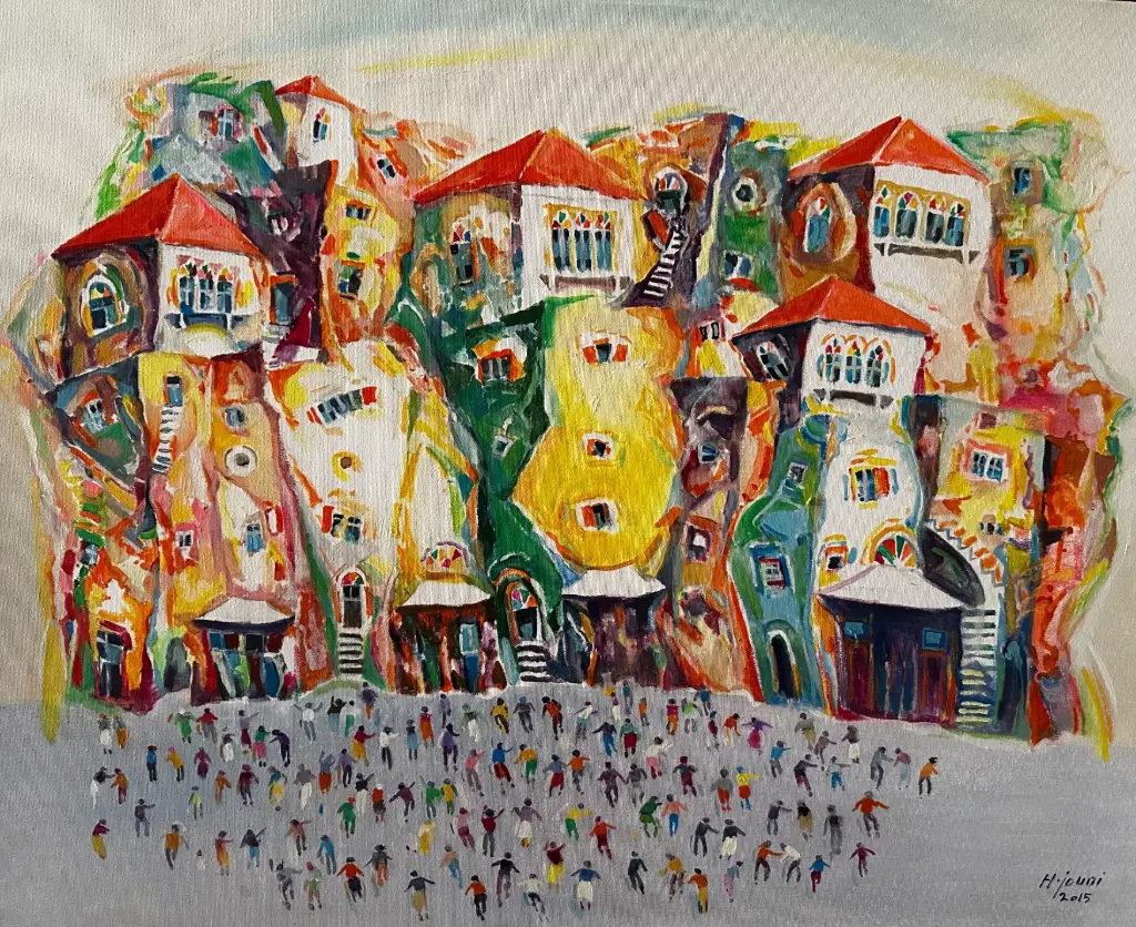 Lebanese Heritage Houses with Red Roofs and Crowds - Colorful Abstract Cityscape painting by Hassan Jounieh