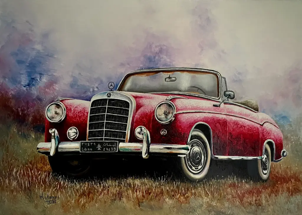 Classic Red Mercedes Convertible – Vintage Car Oil Painting by Hassan Shamass (2025)