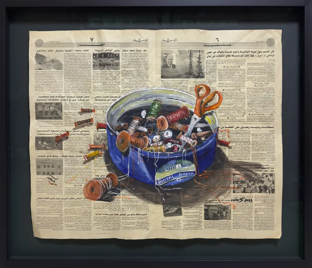 Sewing Memories - Original Acrylic Painting by Darine Semaan on Vintage Newspaper