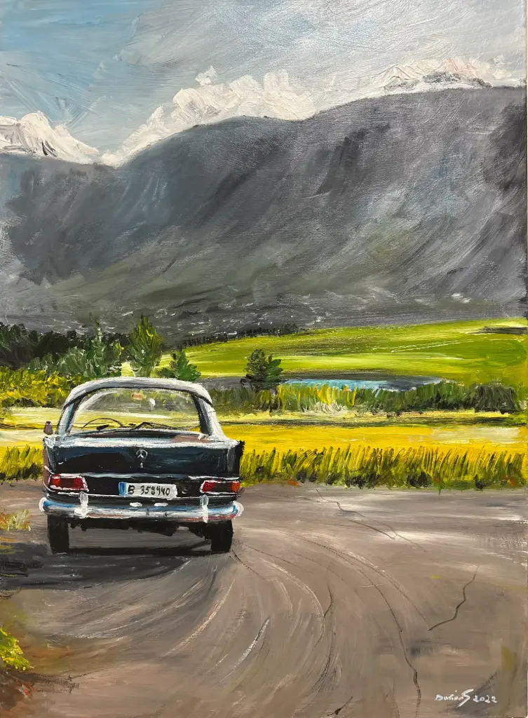 Classic Mercedes in Bekaa - Original Acrylic Car Painting by Darine Semaan | Vitage Auto Wall Art