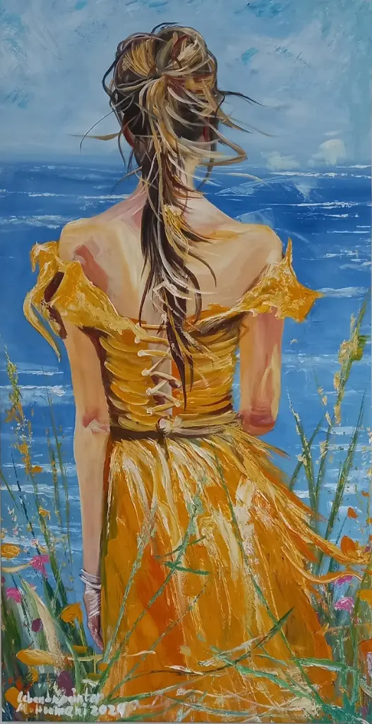 Woman in Yellow Dress by the Sea – Emotional Figurative Painting by Mohamad Houmani (2024)