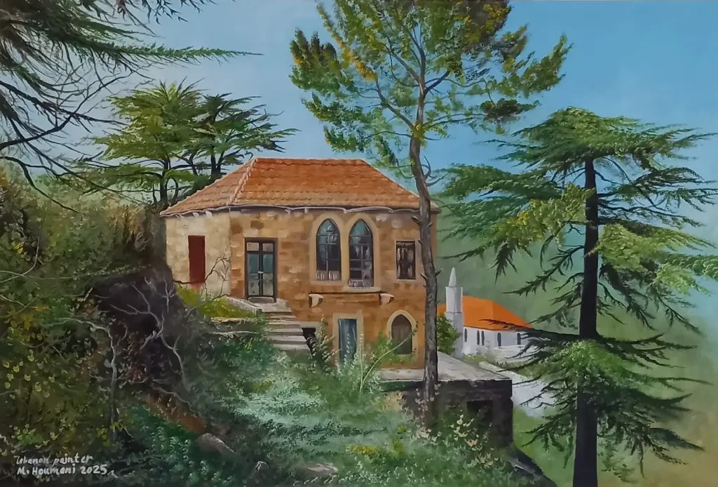Lebanese Mountain Heritage House Painting by Mohamad Houmani – Traditional Architecture & Nature Landscape (2025)