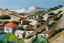 Lebanese Countryside with Red Roof Houses and Mountain View - by Artist Mahmoud Berjawi