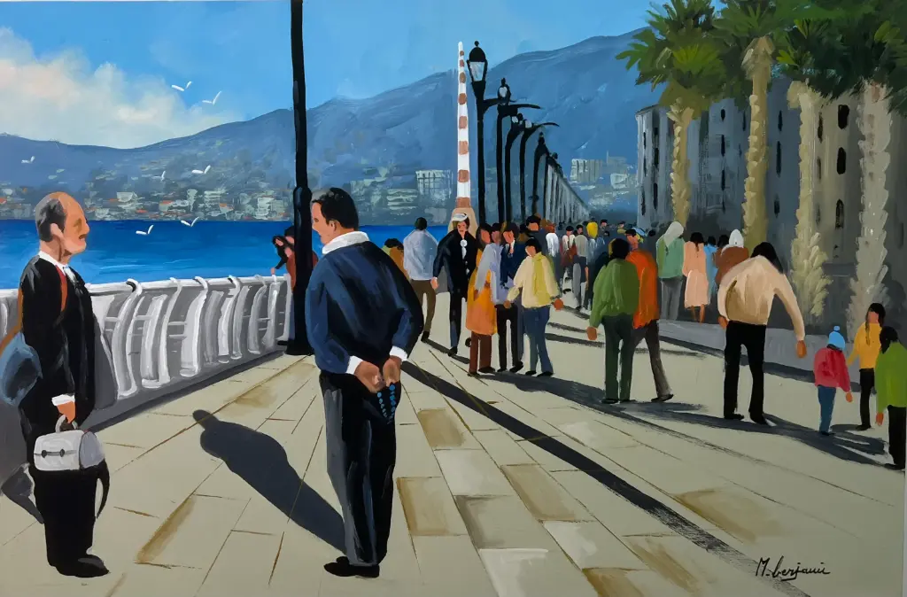 People Walking on Beirut Seaside Corniche with City View - Mahmoud Berjawi Artwork