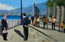 People Walking on Beirut Seaside Corniche with City View - Mahmoud Berjawi Artwork