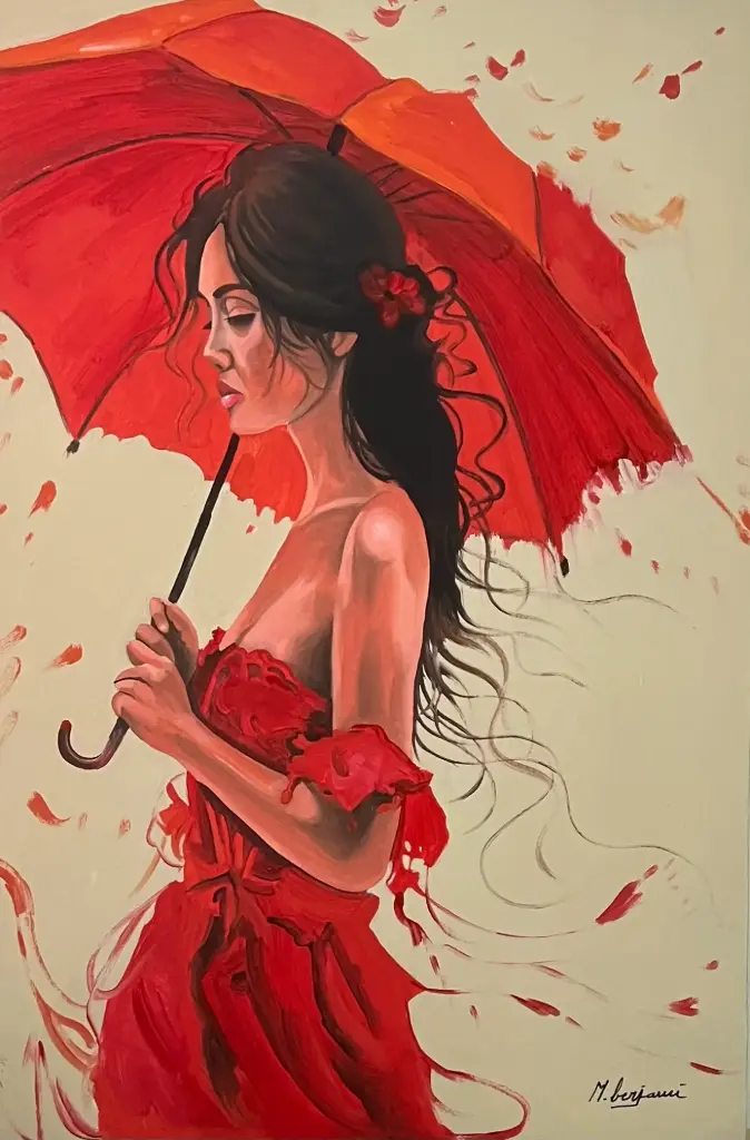 Whispers in Red - Woman with Umbrella Painting by Lebanese Artist Mahmoud Berjawi