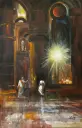 Biblical Art: King Solomon and Queen Bilqis in the Temple of Light – Painting by Khayrat Al Zein