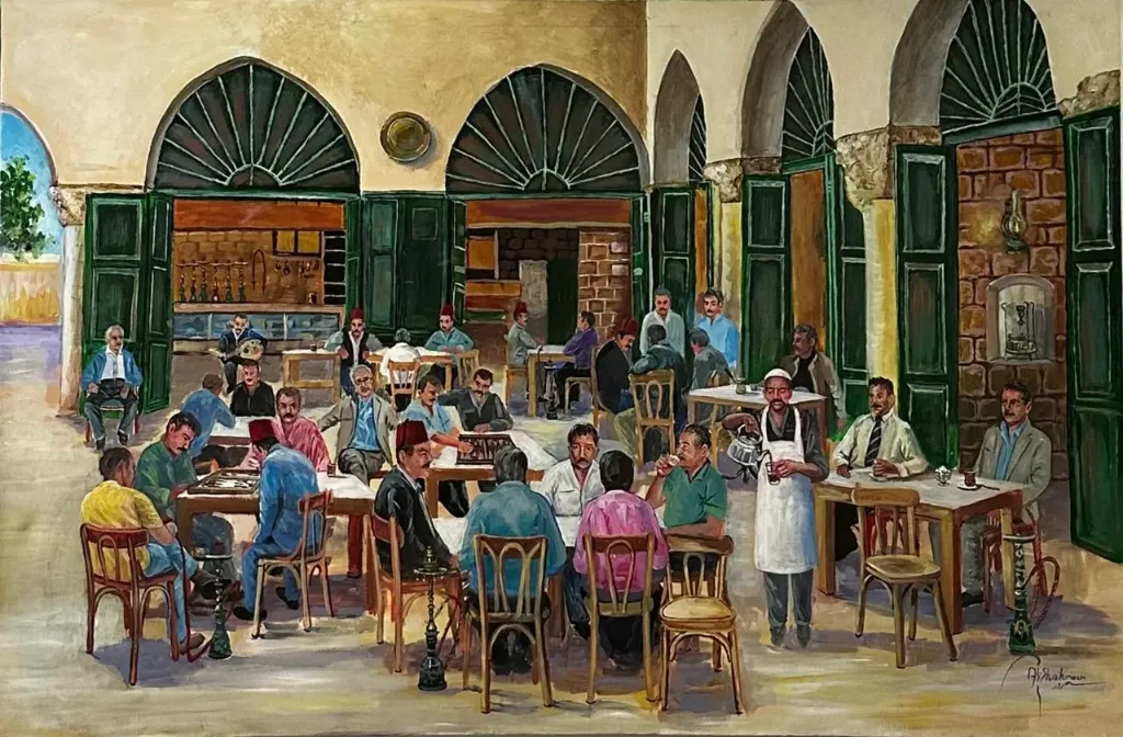 Lebanese Coffeehouse Gathering - Original Painting by Ali Shahrour